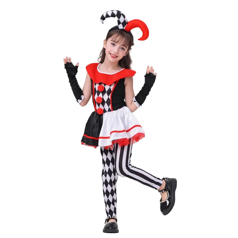 

Sky02 Girls Poker Pattern Jester Clown Cosplay Dress Outfit Kids Halloween Carnival Party Costume88Li #