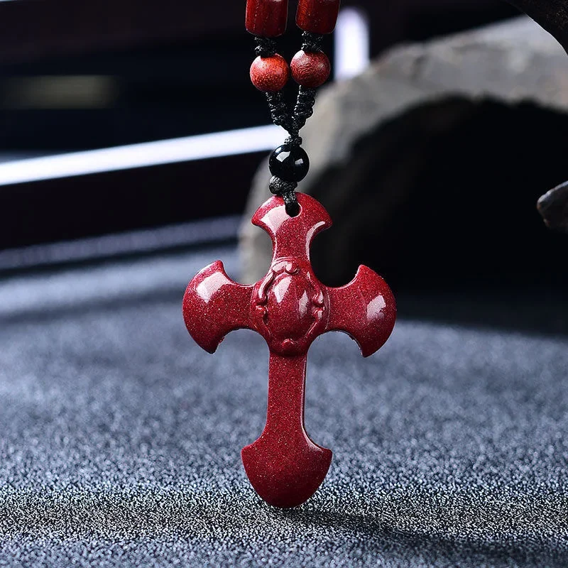 Fashion Cinnabar Jade Cross Jesus Pendant Necklace Jewellery Chinese Hand-Carved Healing Women Man Luck Gift Sweater Chain