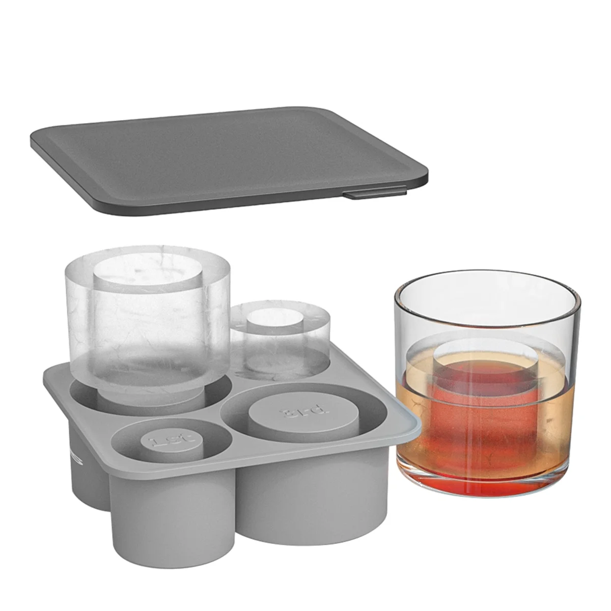 Silicone Ice Mold with Lid for Making 4 Hollow Cylinder Ice Molds for 20/30/40 Oz Cups for Chilling Cocktails Grey