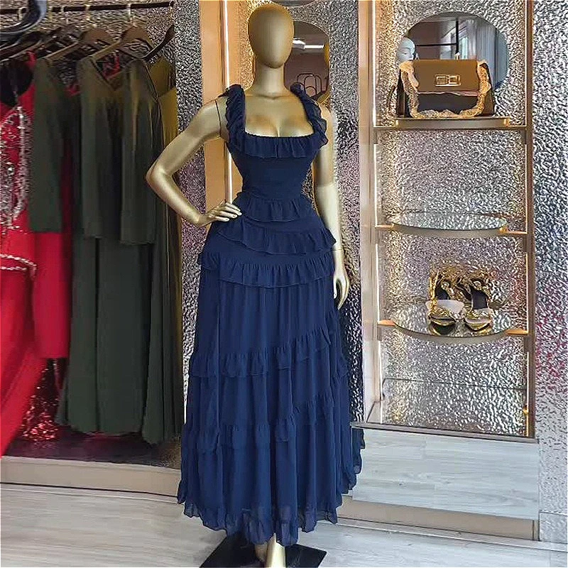

Blue Long Dress Women Slimg Dresses Vestidos Y2k Streetwear Square Collar Ruffles Sleeveless Elegant Party Night Work High Waist