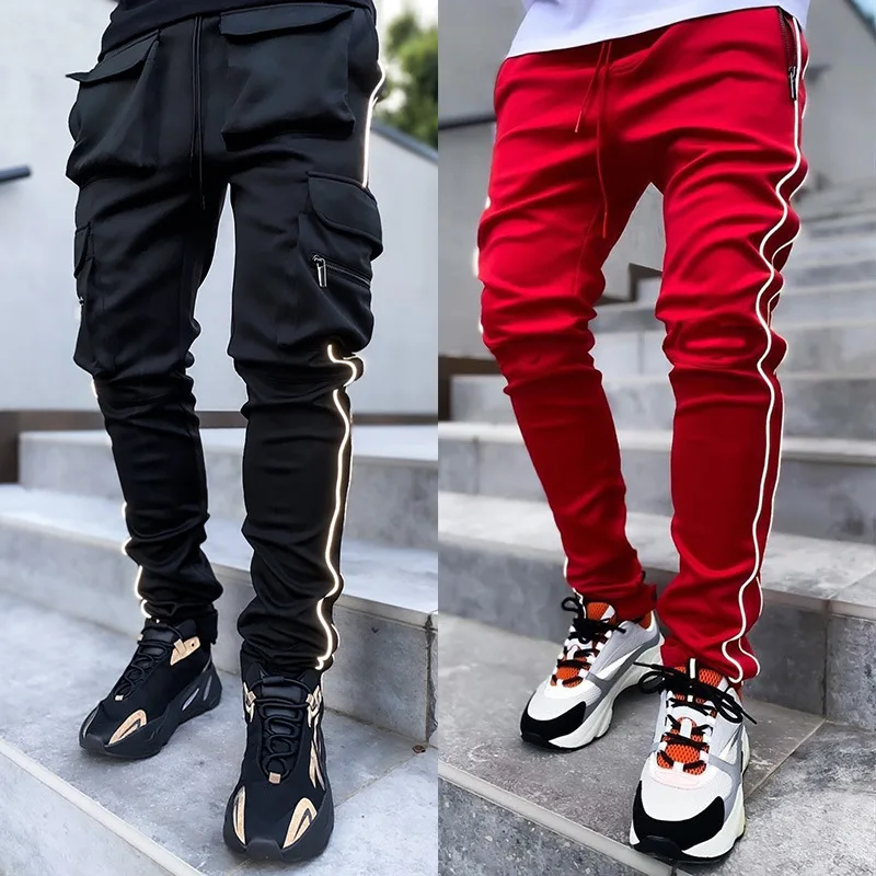 Spring and Autumn Workwear Pants Men\'s Fashion Brand Elastic Multi-Bag Reflective Straight Sports Fitness Casual Trousers