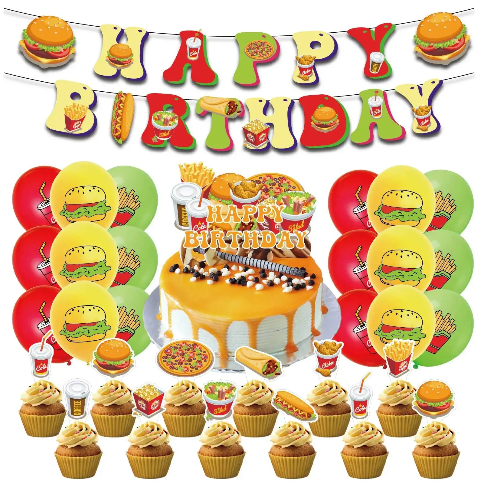 

Hamburger Pizza Themed Birthday Party Decorations Cola Hamburg French Fries Balloons Happy Birthday Banner Cake Topper Set