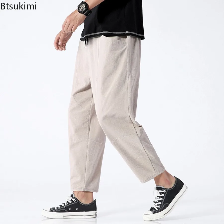 

2025 мужские хлопковые укороченные брюки с карманом на шнурке, прямые брюки, новый стиль, спортивные штаны до щиколотки, школьные мужские летние брюки