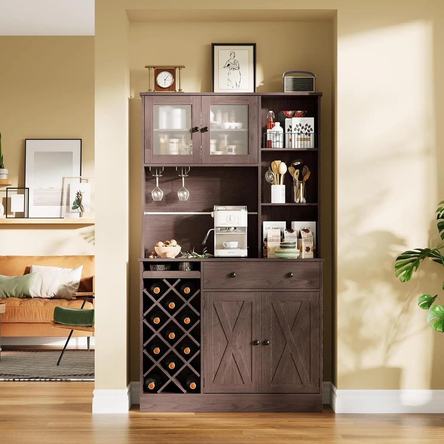 

Tall Wine Coffee Bar Cabinet Hutch Acrylic Barn Doors Power Outlets Glass Holder Adjustable Shelves Dining Room, Customized