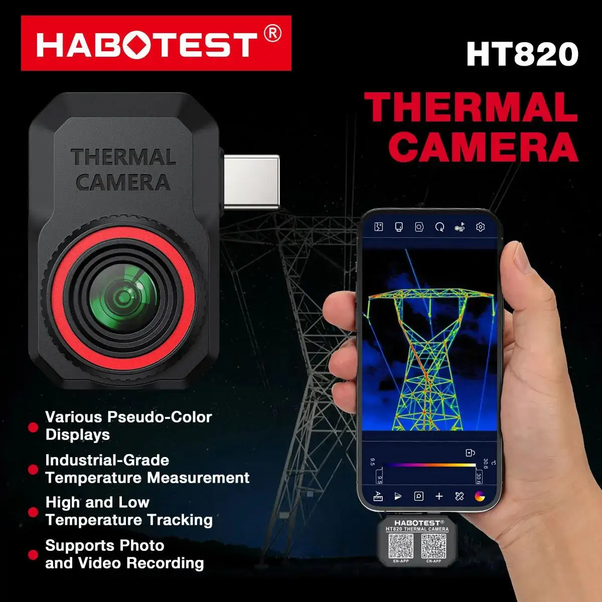 HABOTEST HT820 Smartphone Thermal Imaging Camera – Night Vision Thermographic Scope, Thermal Camera for Hunting & Industrial Use