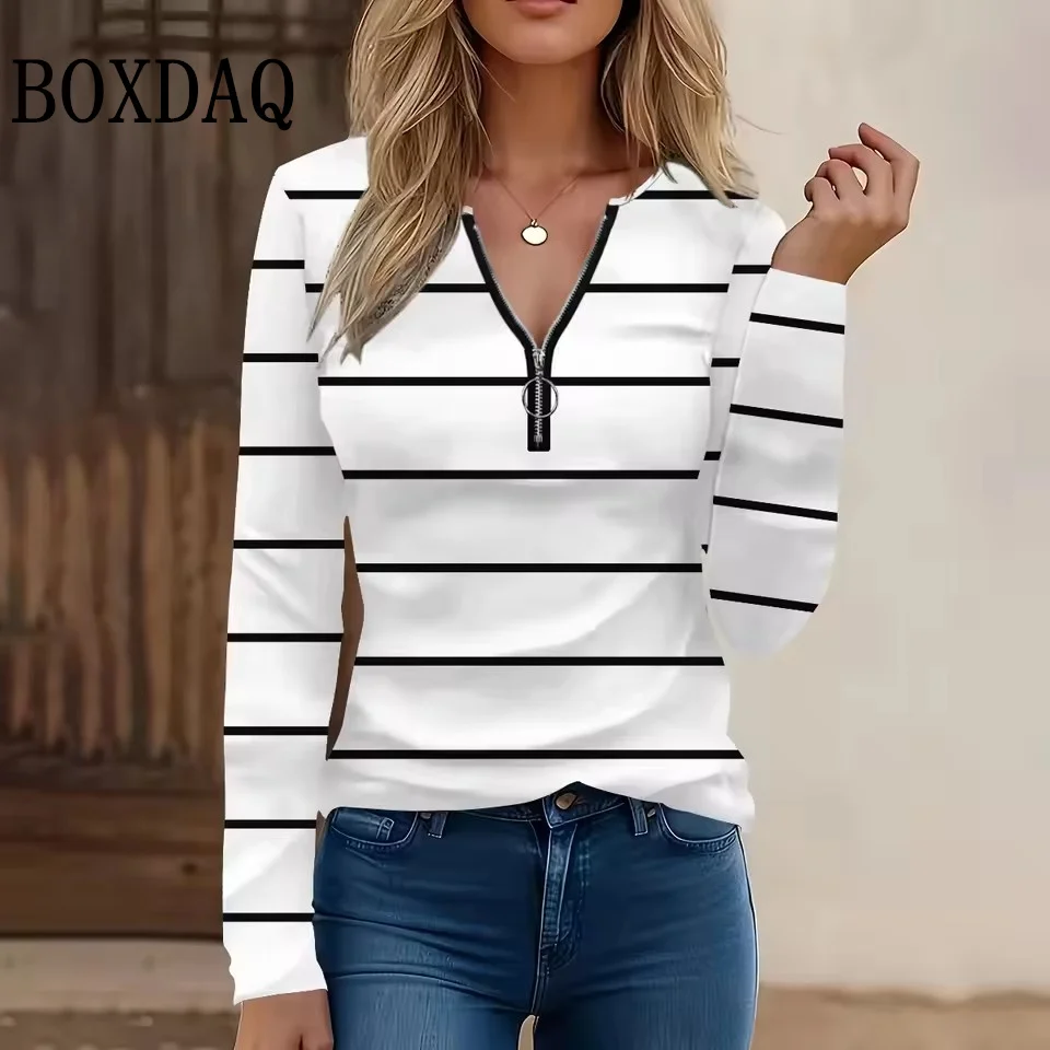 مخطط سستة الخامس الرقبة شارع العليا امرأة طويلة الأكمام البلوز الخريف اللون منعت مطبوعة المرأة بلايز ملابس كاجوال فضفاضة