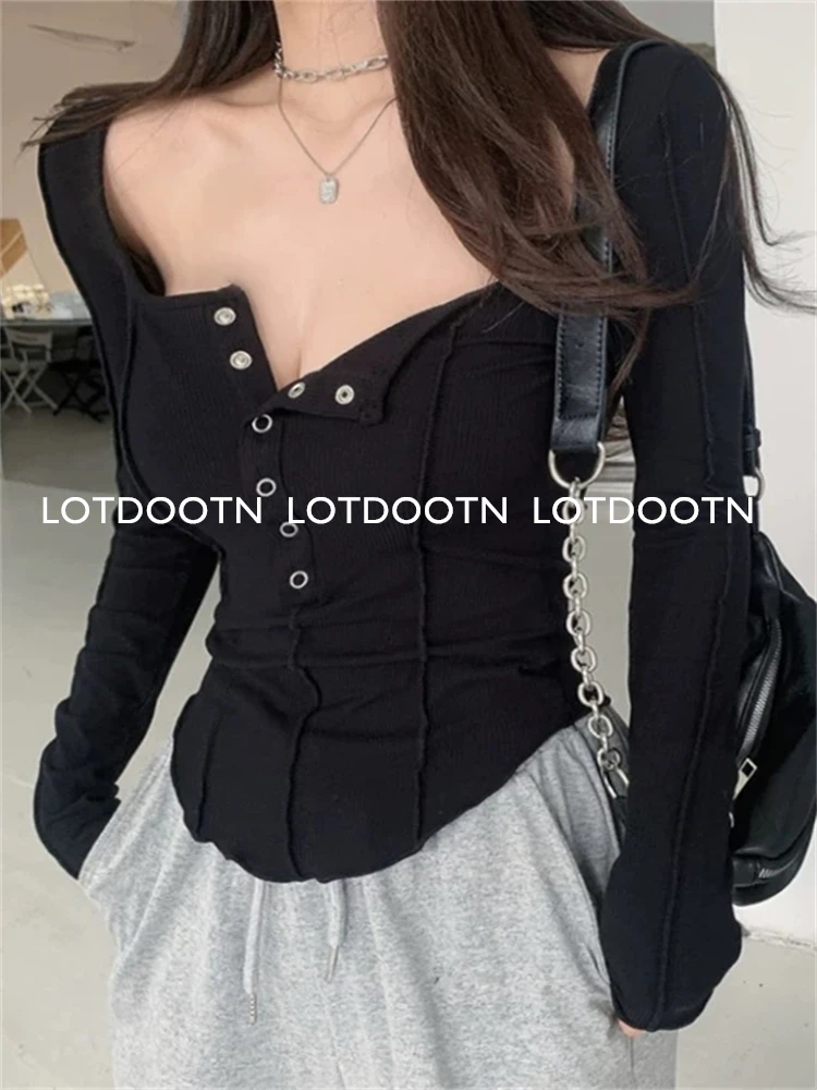 

LOTDOOTN 2024 Sexy Club Shirts Fairy Grunge Clothes Y2k Aesthetic Single Breasted Long Sleeve Tops Women V Neck Tees Streetwear