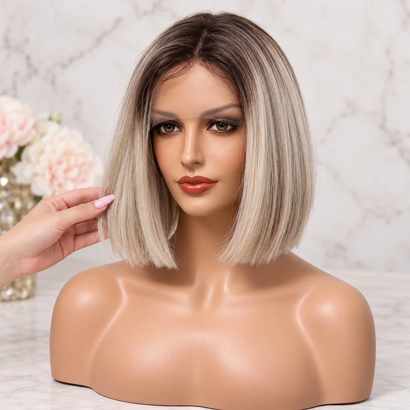 T Part Lace Front Bob Wig for Women Dark Root Ash Beige Short Straight Hair Middle Part Natural Look Shoulder Length Wig