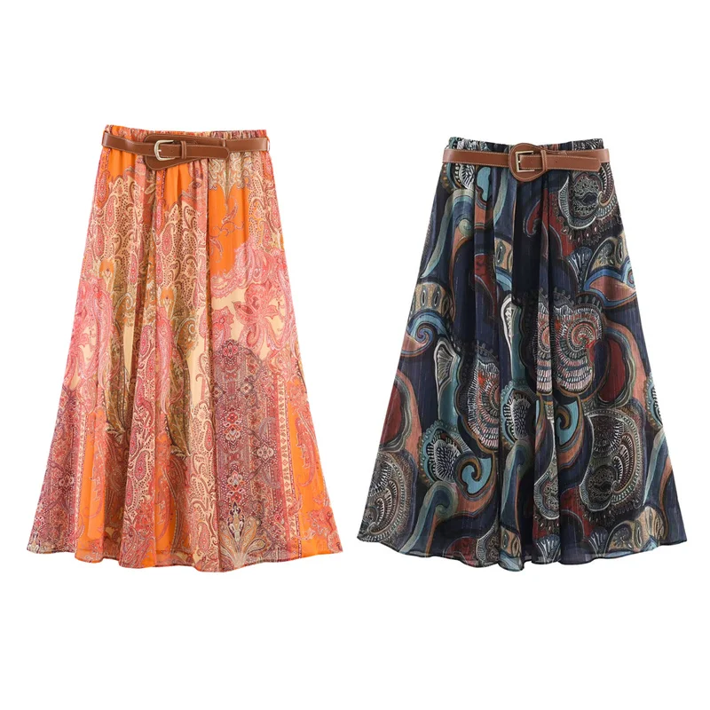 

Summer Women's Casual Printed Skirts 2026 New Fashionable High Waist Belt Loose Skirt Vacation Beach Skirt