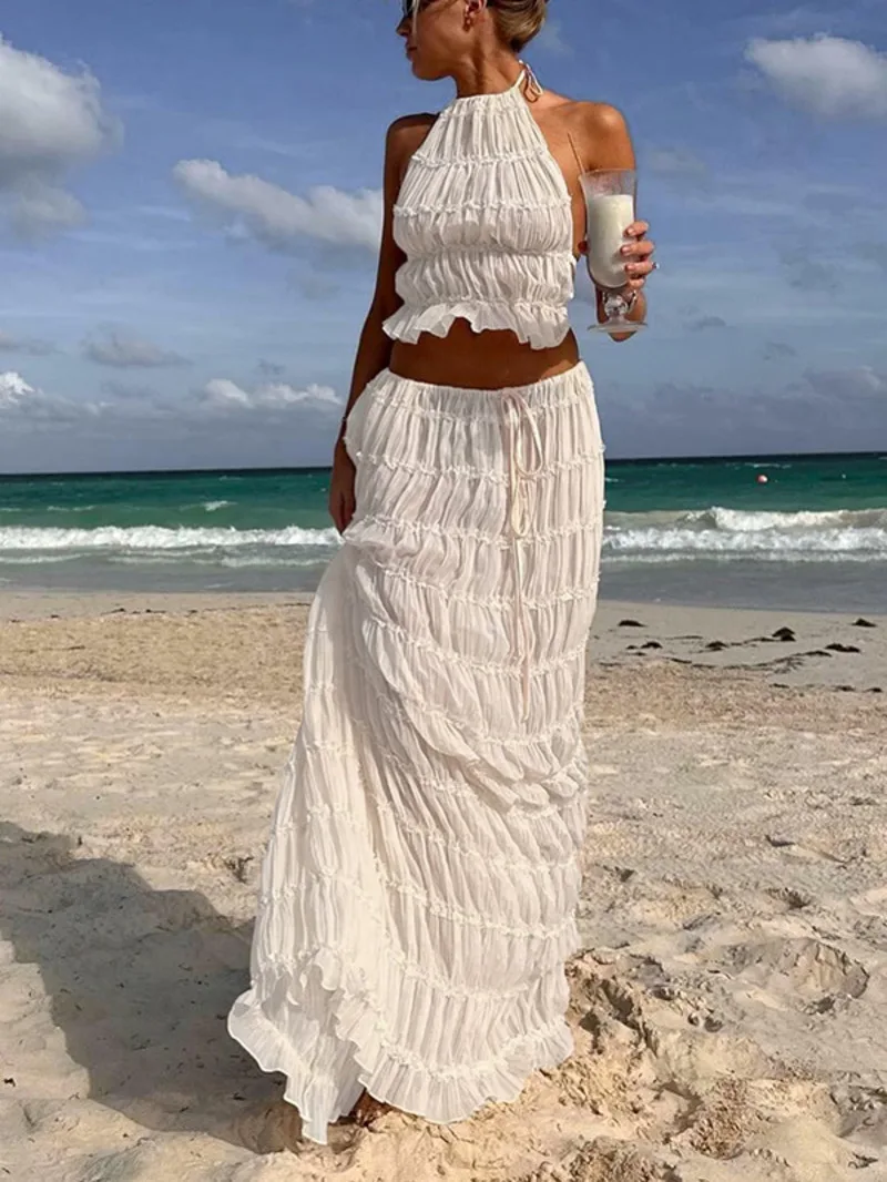 

Women Boho Sexy Backless Matching Suit 2 Piece Beach Holiday Outfits Vintage Ruched Halter Cami Tops + Maxi Long Skirt Party B7Q
