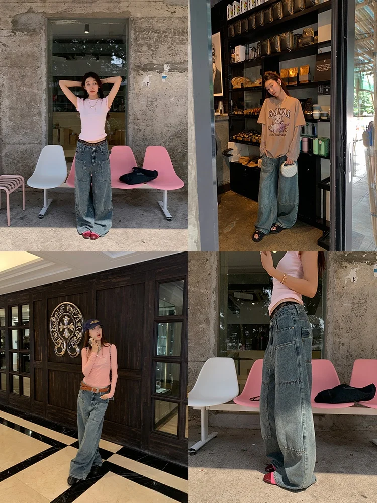 Calça Jeans Feminina de Algodão com Efeito Desgastado e Patchwork, Perna Larga, Comprimento Longo, Corte Reto, Sem Elasticidade, Cor Profunda