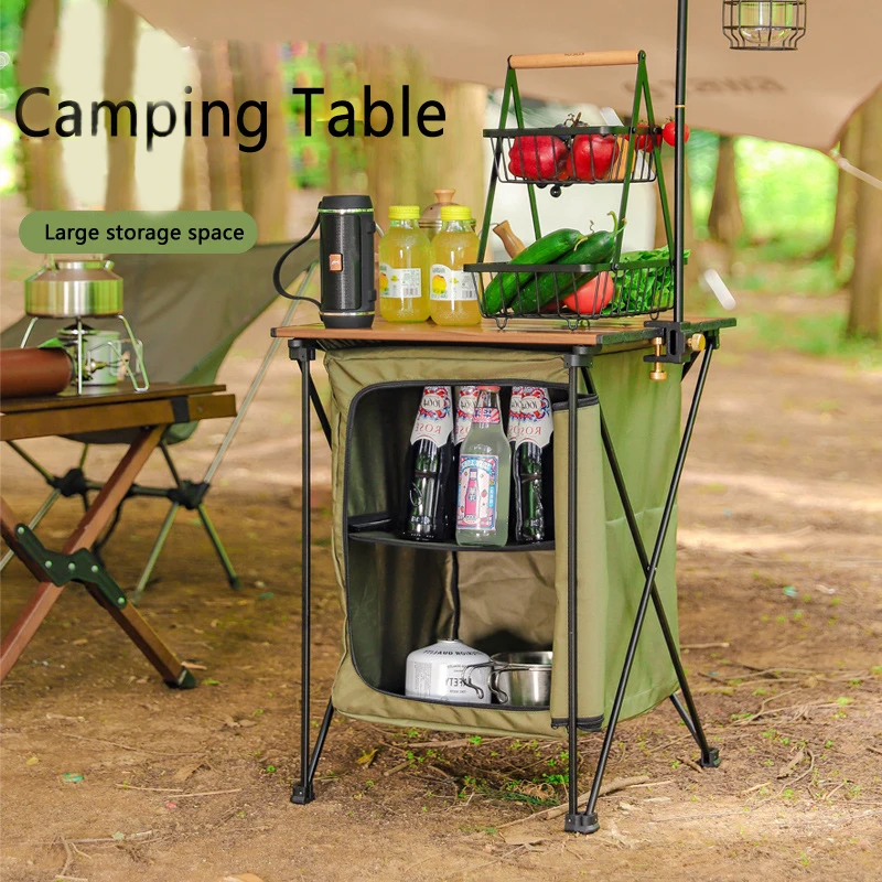 Outdoor Folding Table Portable Egg Roll Table Camping Desk Easy To Install With Cloth Cabinet Light Stable Tables Large Capacity