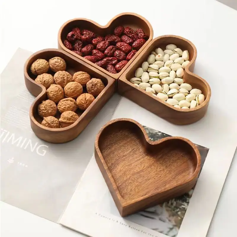 1PC Japanese solid wood tray Stackable dried fruit nut tray Creative home kitchen black walnut color tray love shaped