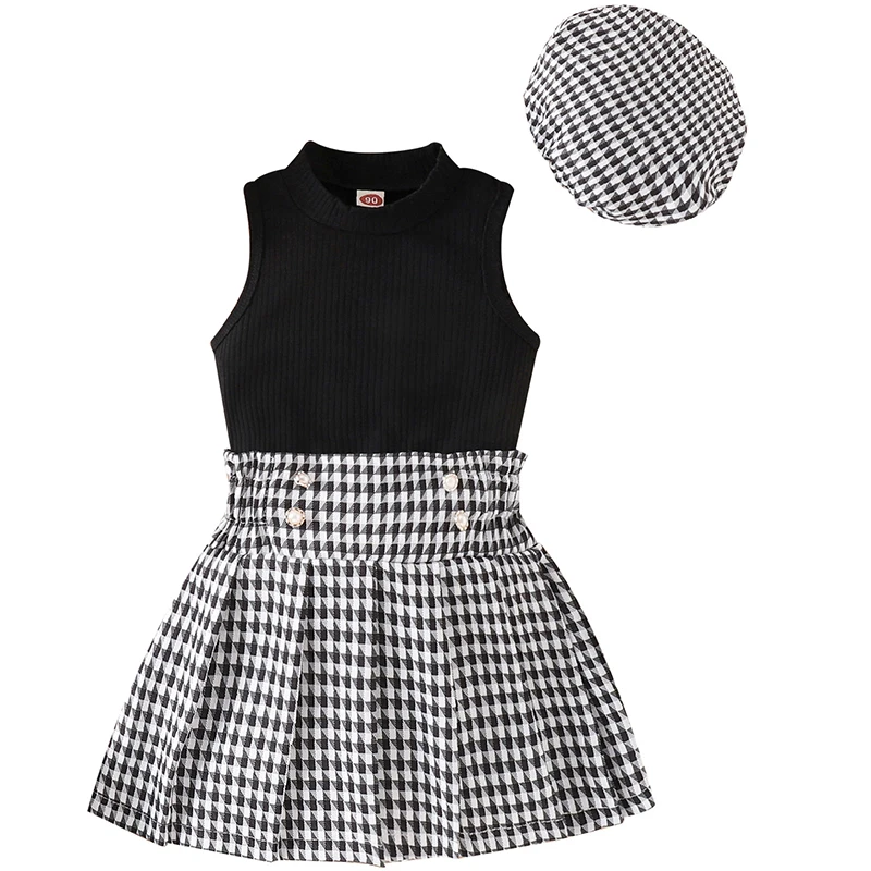 

3Piece Girls Summer Outfit Sets Korean Kids Clothes Fashion Solid Sleeveless Tops+Plaid Shorts+Hat Baby Boutique Clothing BC296
