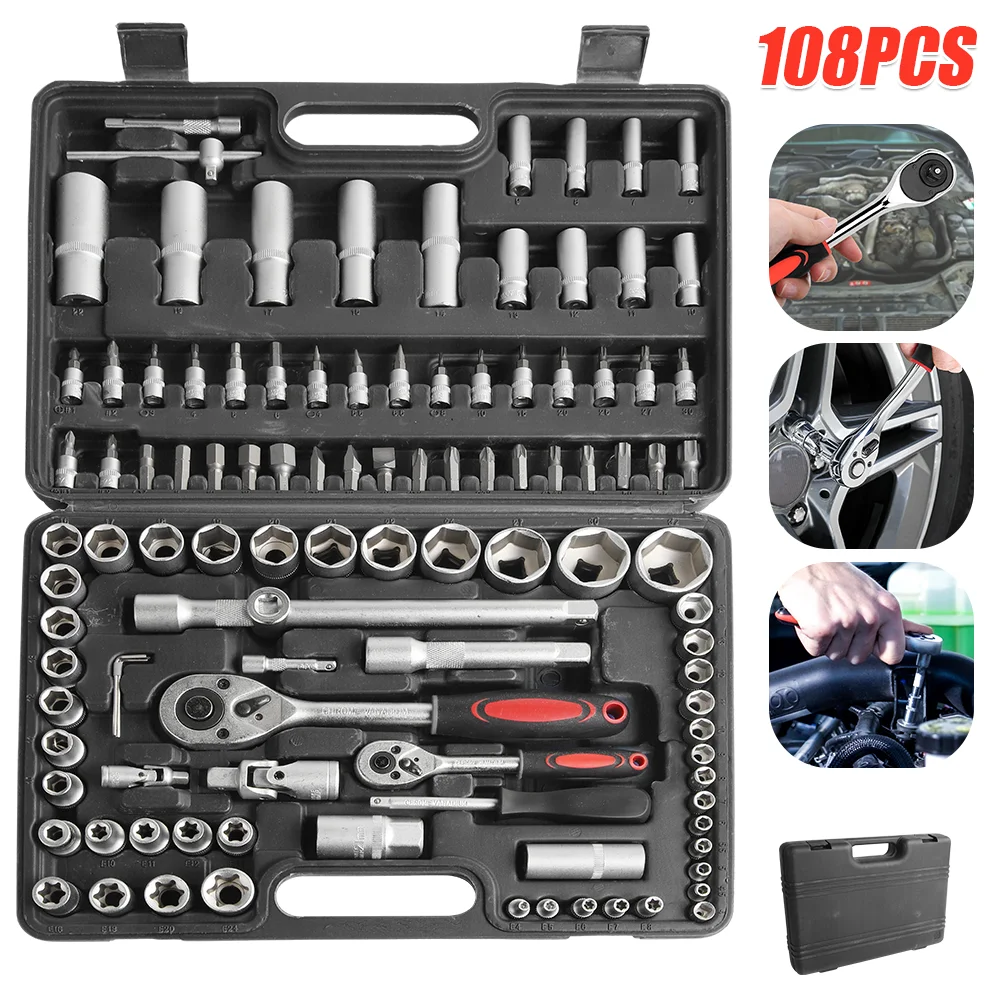 Image of 108PCS Set di chiavi a bussola Strumento di riparazione auto Chiave dinamometrica a cricchetto Combo Set di strumenti di riparazione automatica Chiave a cricchetto a bussola combinata cod004