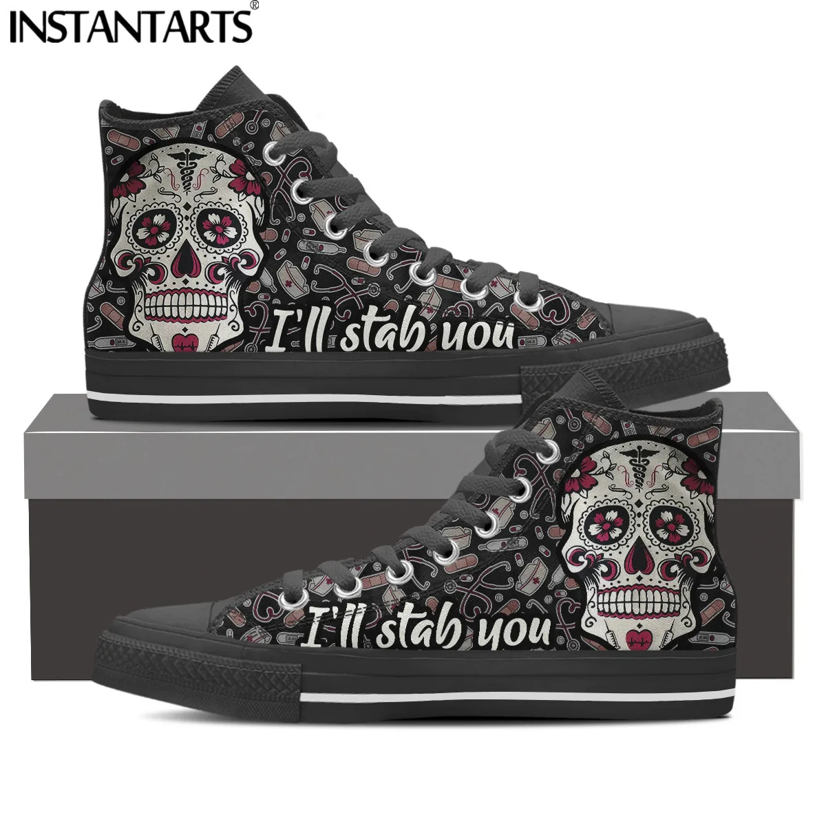 INSTANTARTS I will Stab You Nurse Skull EMT Print Black Canvas Shoes Large Size for Men Male Casual Gothic Style Walking Sneaker