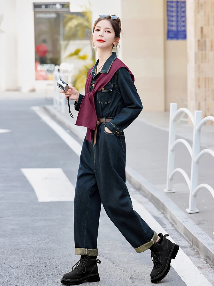 Luźne spodnie robocze typu denim, modne na wczesną jesień, nowe damskie spodnie ular, przeciwstarzeniowe, z wysokim stanem, długie, bawełniane, cienkie, model