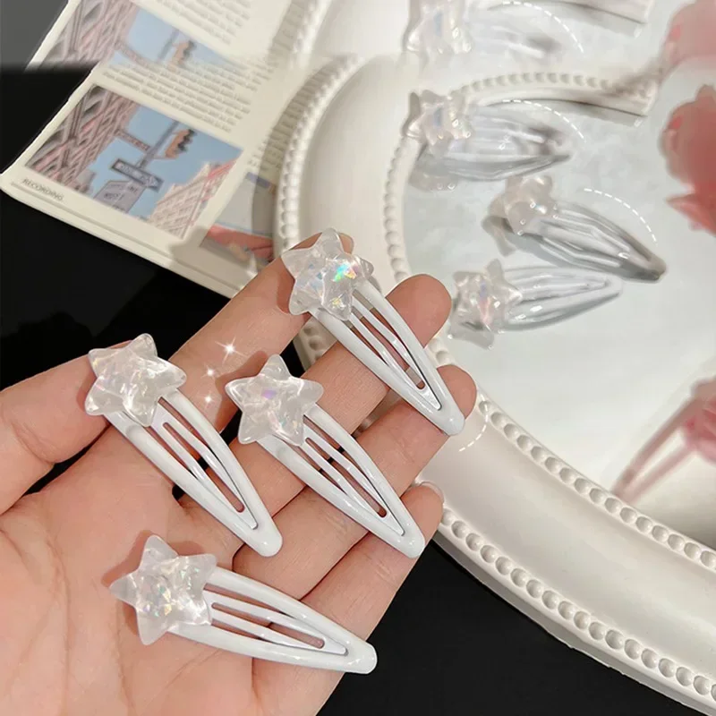 2pcs White Star Bangs Side Clip Women Girls Sweet Cute Snap Clip Hairpin Barrettes Korean Style Fashion Hair Styling Accessories