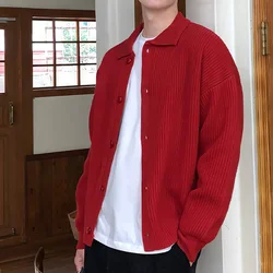 Men's Trend Red Green Daily Baggy Sweaters Button Cozy Knitted Cardiga Stylish Thermal Solid Color Long Sleeve Outerwears Male