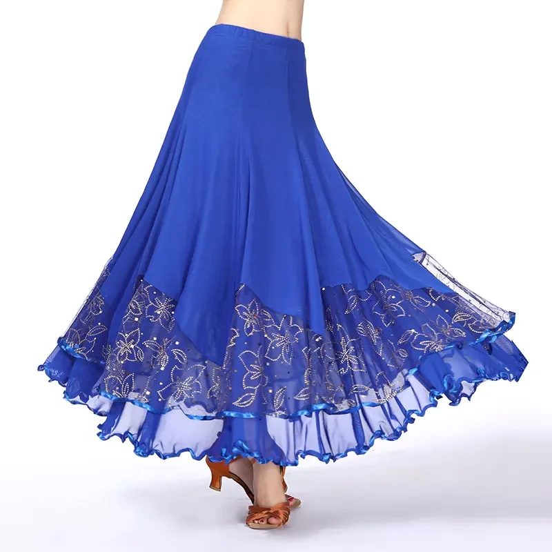 Falda de baile moderna con lentejuelas para mujer, faldas de baile Flamenco, columpio largo, vals estándar, baile de salón español, ropa de escenario de Tango
