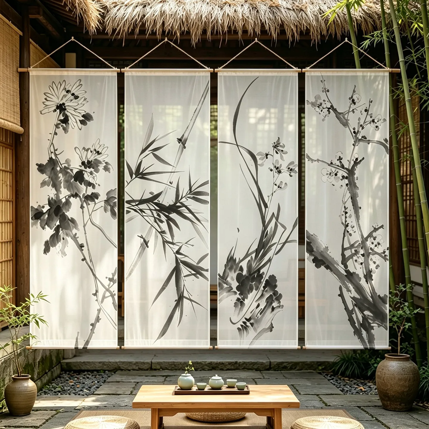 Japanese Ink wabi sabi decor Hanging Room Divider – Semi Transparent Curtain & Zen Garden for Tatami, Sushi Bar tea ceremony