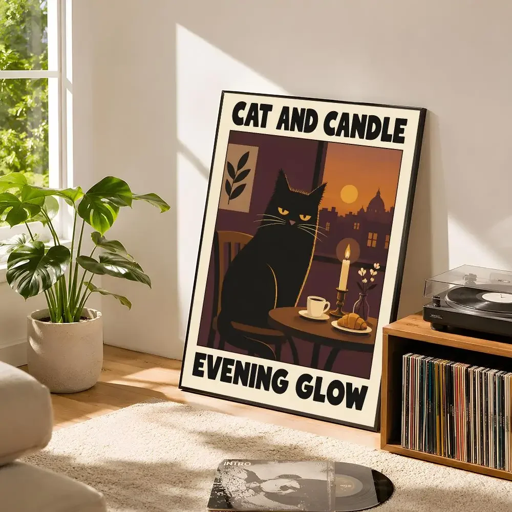 Retro French Cafe Cat Morning Moments Poster Self Adhesive Matte Wall Art Removable Home Room Decoration
