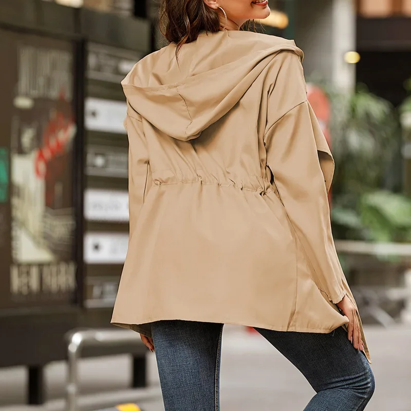 Women Autumn Winter Casual Fashion Solid Color Mid-length Hooded Windbreaker 2023 Female Drawstring Button Jacket with Pocket