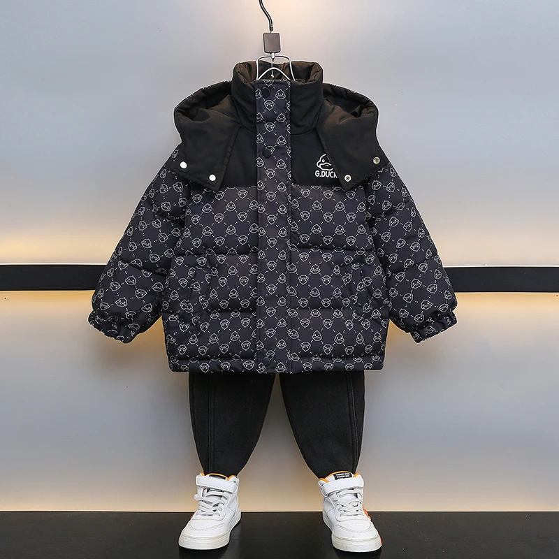 

Утепленная хлопковая куртка для мальчиков с модным узором, детское пуховое хлопковое пальто, верхняя одежда, трендовая молодежная водонепроницаемая модель