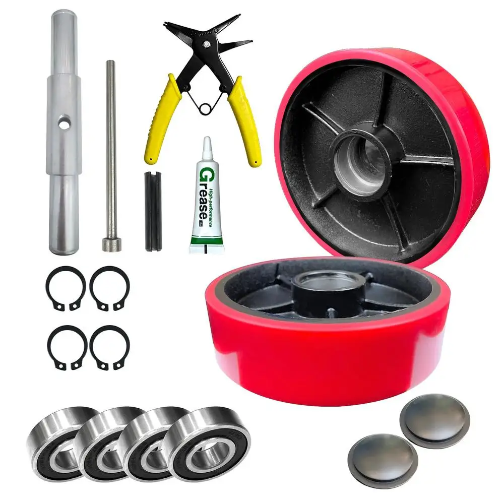 Pallet Jack Steer Wheel Kit 7"x2" Polyurethane Red Bearings Axle Caps 2PC Set