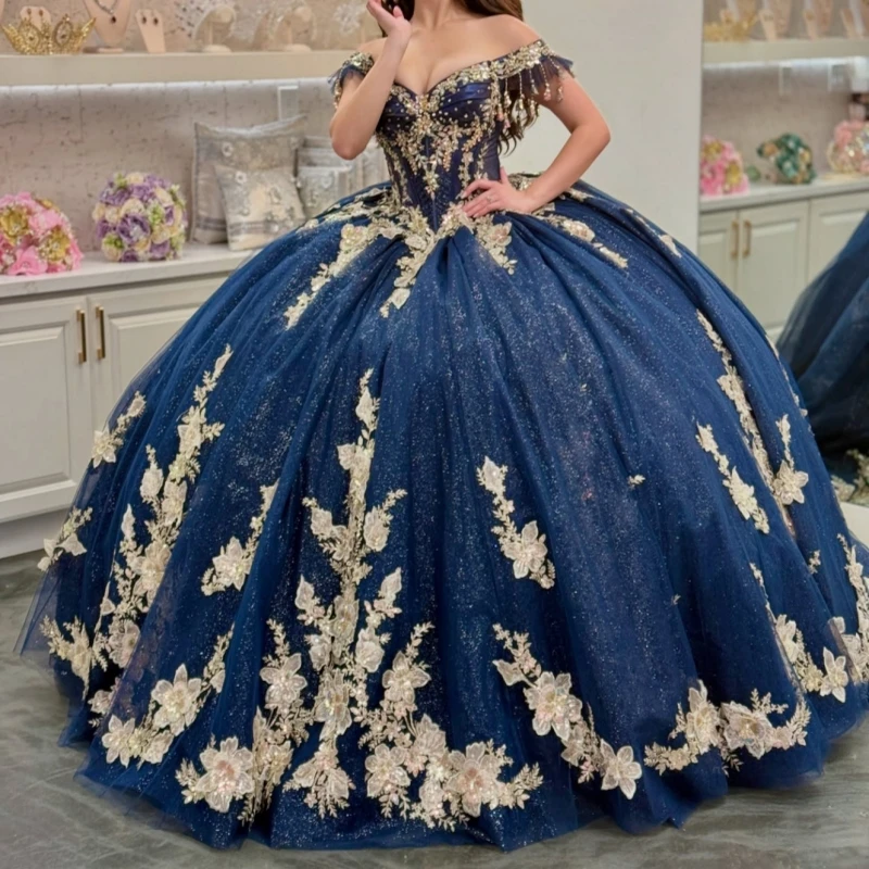 

Navy Blue Shiny Princess Sweet 16 Dress Dress Quinceanera Dresses Applique Flower Beading Tull Party Birthday Vestidos 15 De