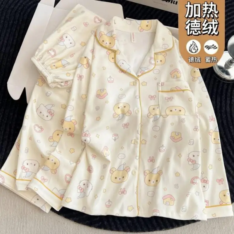 Kawaii Rilakkuma Women Thickened Pajamas Set Anime Cartoon Girls Autumn Winter Sweet Warm Cardigan Flannel Homewear Tops Pants