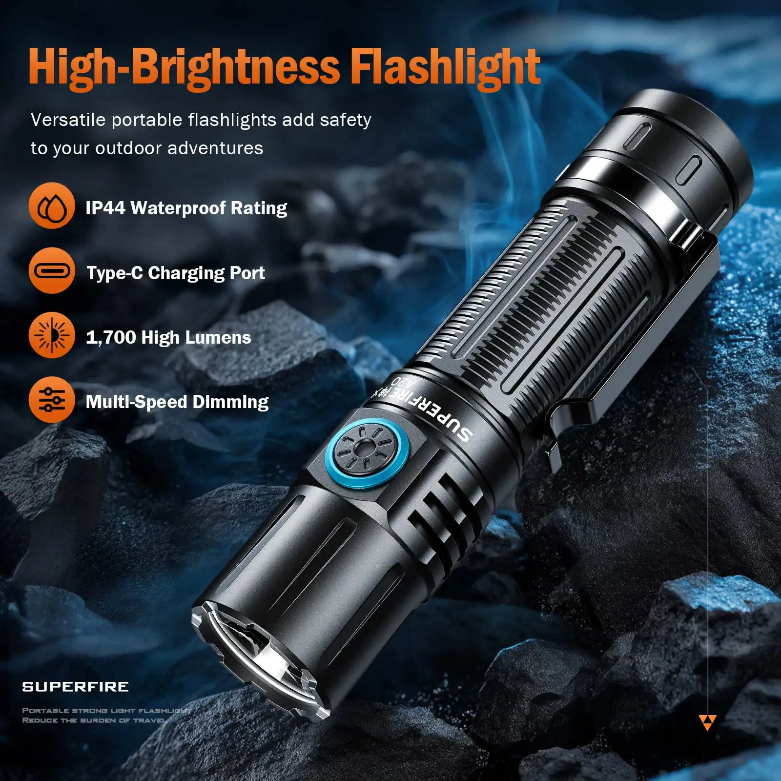 Latest SUPERFIRE A20 Powerful EDC Flashlight Waterproof  Torch 1700m Spotlight USB Rechargeable 5 Modes Outdoor Lantern