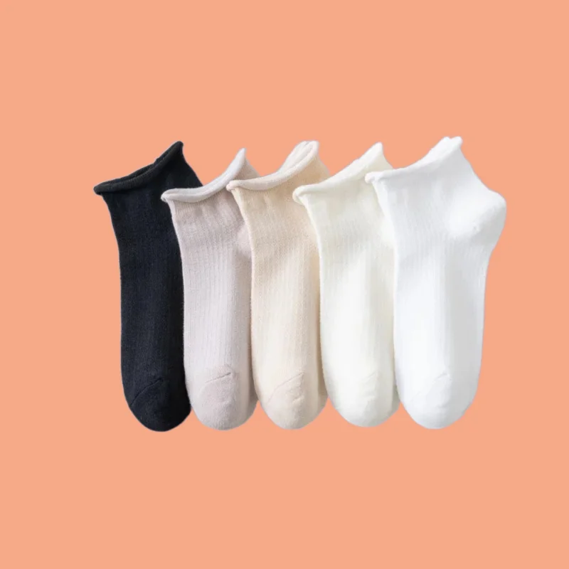 

5/10 Pairs Breathable Sweat-absorbent Deodorant Ladies Short Tube Curled Socks Lace White Socks Pure Cotton Summer Thin Socks