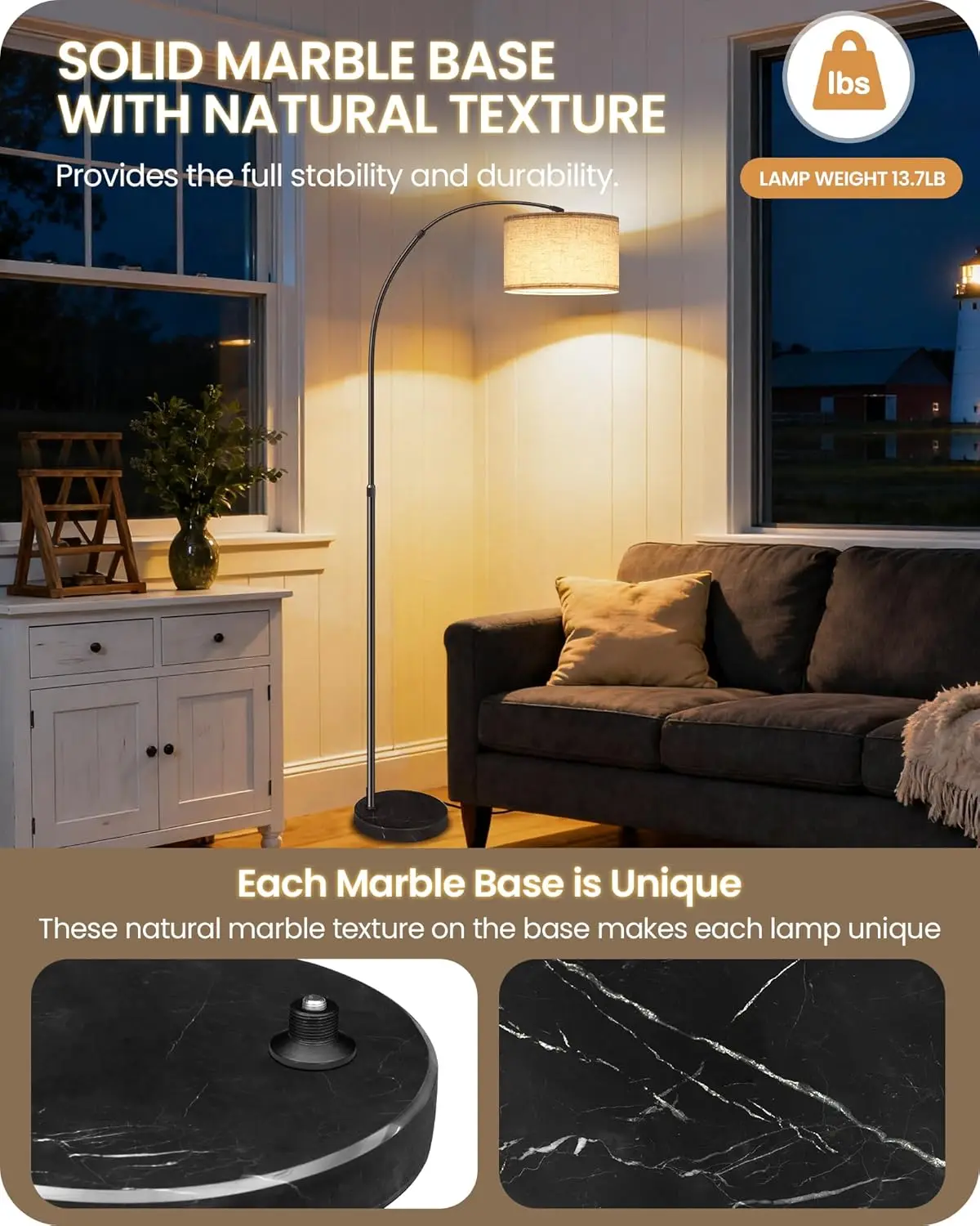 75‑Inch Height‑Adjustable Arc Floor Lamp, Marble Base, Rotatable Hanging Lampshade, Dimmable 3‑CCT Lighting, Remote‑Control & Foot‑Switch, Over‑Couch Arched Reading‑Light for Living‑Room