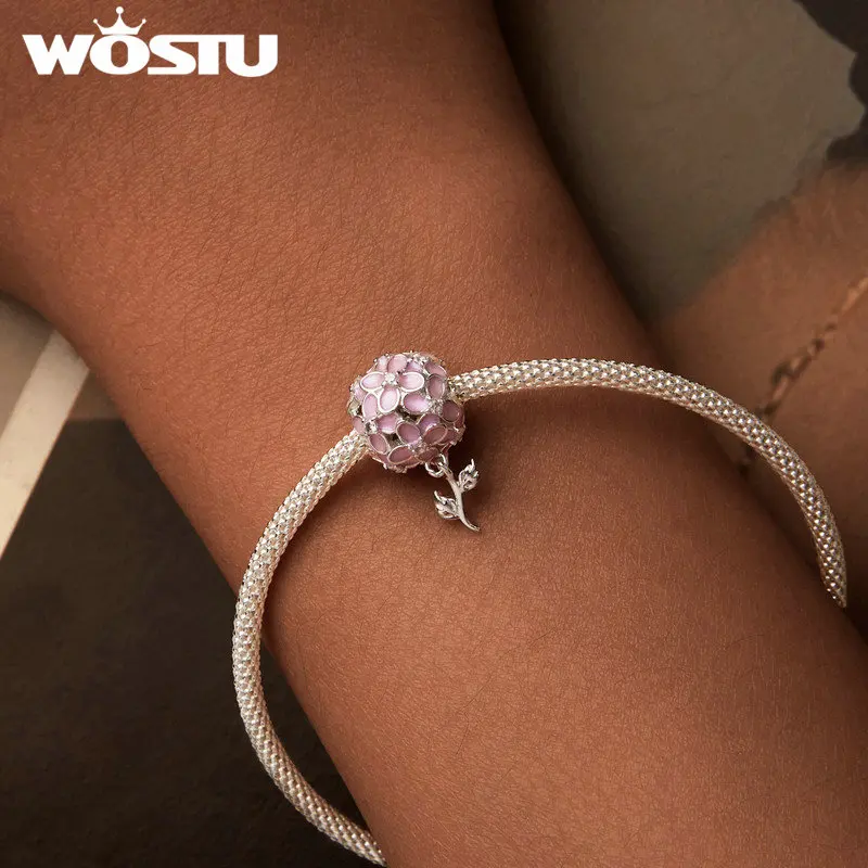 WOSTU 925 Sterling Silver Pink Flower Vine Charm Enamel Hydrangea Ladybug Spacer Beads Fit Original Bracelet Valentine's Jewelry