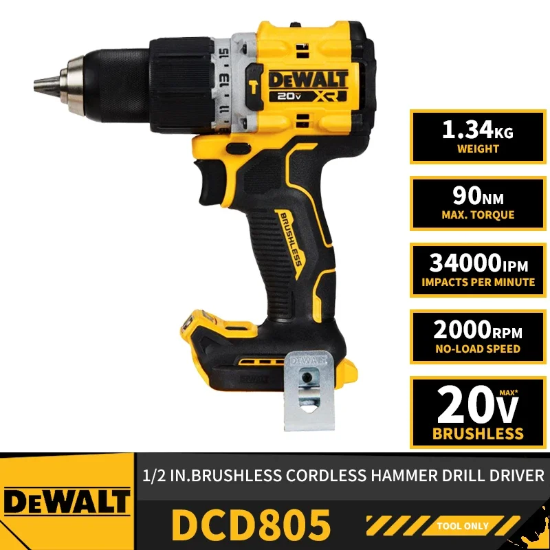 DeWalt DCD805 1/2in Brushless Cordless Hammer Drill Driver 20V Lithium Power Tools 2000RPM 90NM 34000IPM