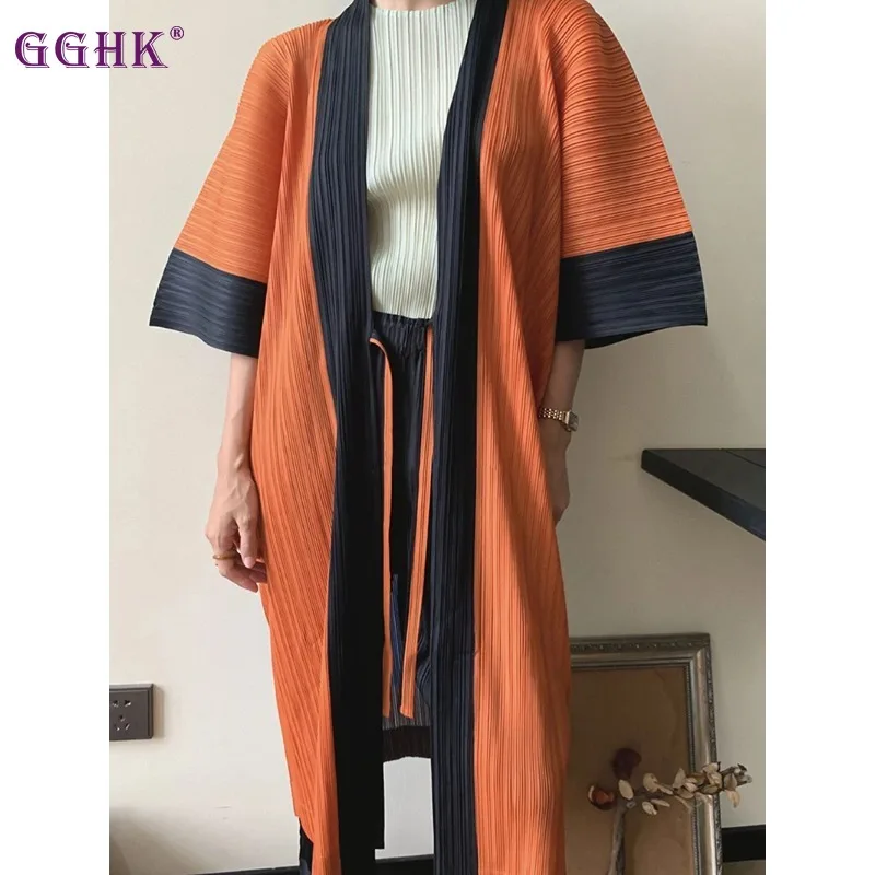 GGHK-Manteau long plissé pour femme, cardigan imprimé, grande taille, design original, automne, printemps, nouveau, 2025