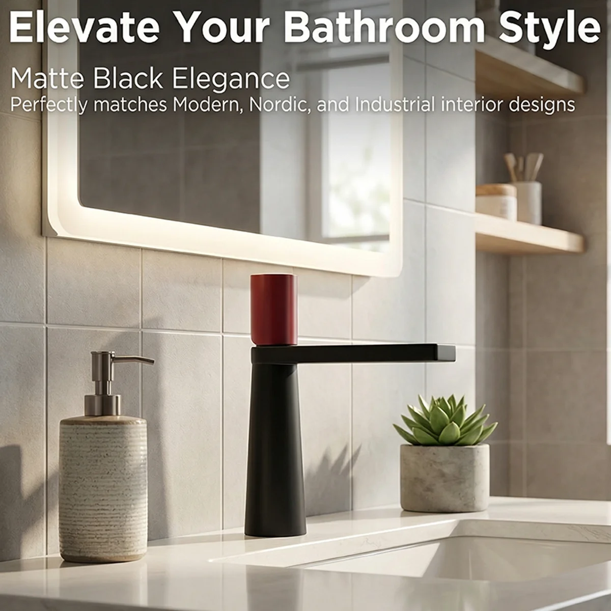

Matte Black & Red Bathroom Sink Faucet, Modern Single Hole Basin Mixer Tap with Wide Flat Spout, Hot Cold Water Lavatory Faucet