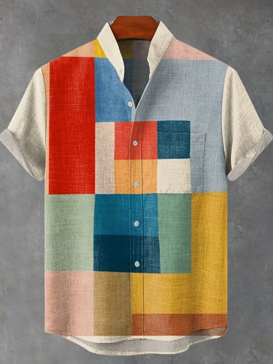 Chemise à manches courtes en lin pour hommes, décontractée, mode graffiti, style hip-hop, haut à boutons de haute qualité, été