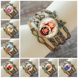 Brown Color Russian Matryoshka Babushka Nesting Dolls Picture Glass Cabochon Leather Charm Bracelet Bangle for Girls