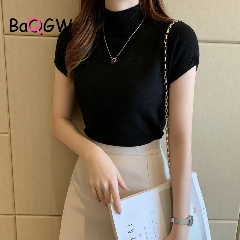 Women's Half-High Neck T-Shirt Fashion Jumper Casual Tops Korean Style Elegant Solid-Coloured Clothing Spring And Summer Season