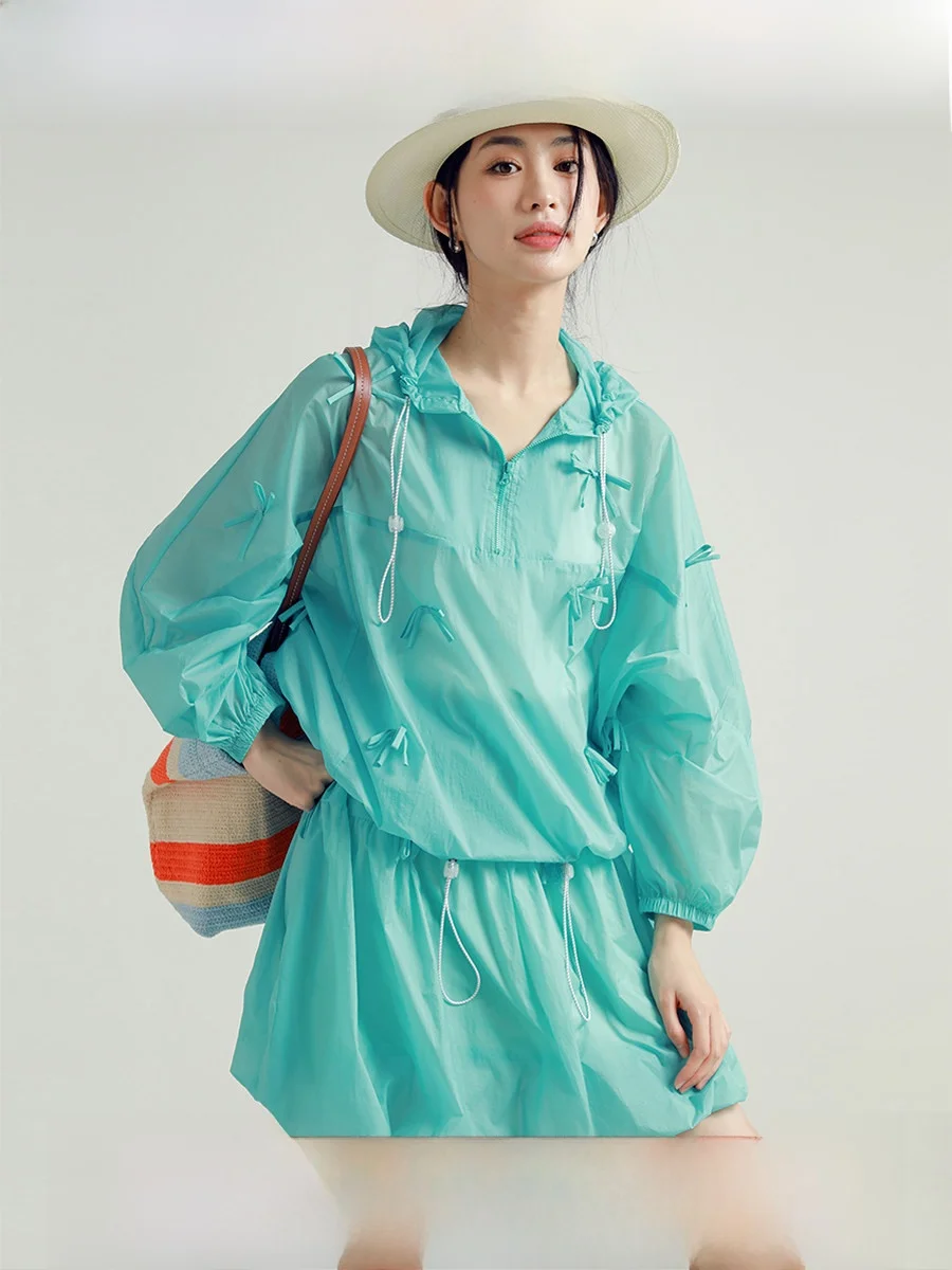 

Cloud Bud Sun Protection Hoodie Set Women's Original Design Two-Piece Casual Sportswear Long Sve Zipper Hooded Top Skirt