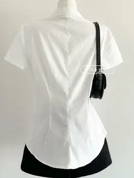Preppy V-Neck Blouse 3 Preppy Style Fashion Turn Sown Collar V Neck Short Sleeve Blouse All Match Harajuku Simple Slim Fit Clothes Y2k Buttoms Tops 3