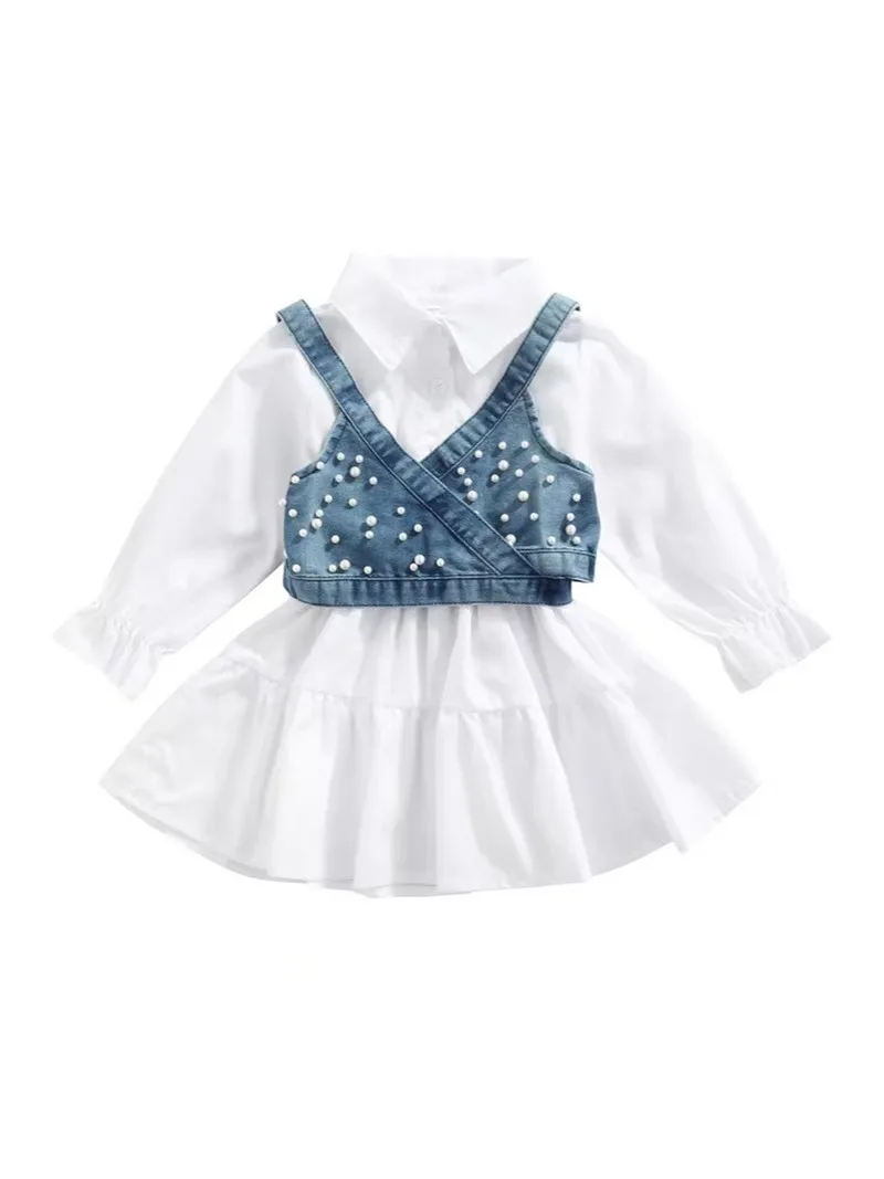 2026 New Summer Fashion Children Baby Girl Long Sleeve Shirt Dress Denim Beading Vest 2Pcs Outfits Clothes Solid Color Clothes