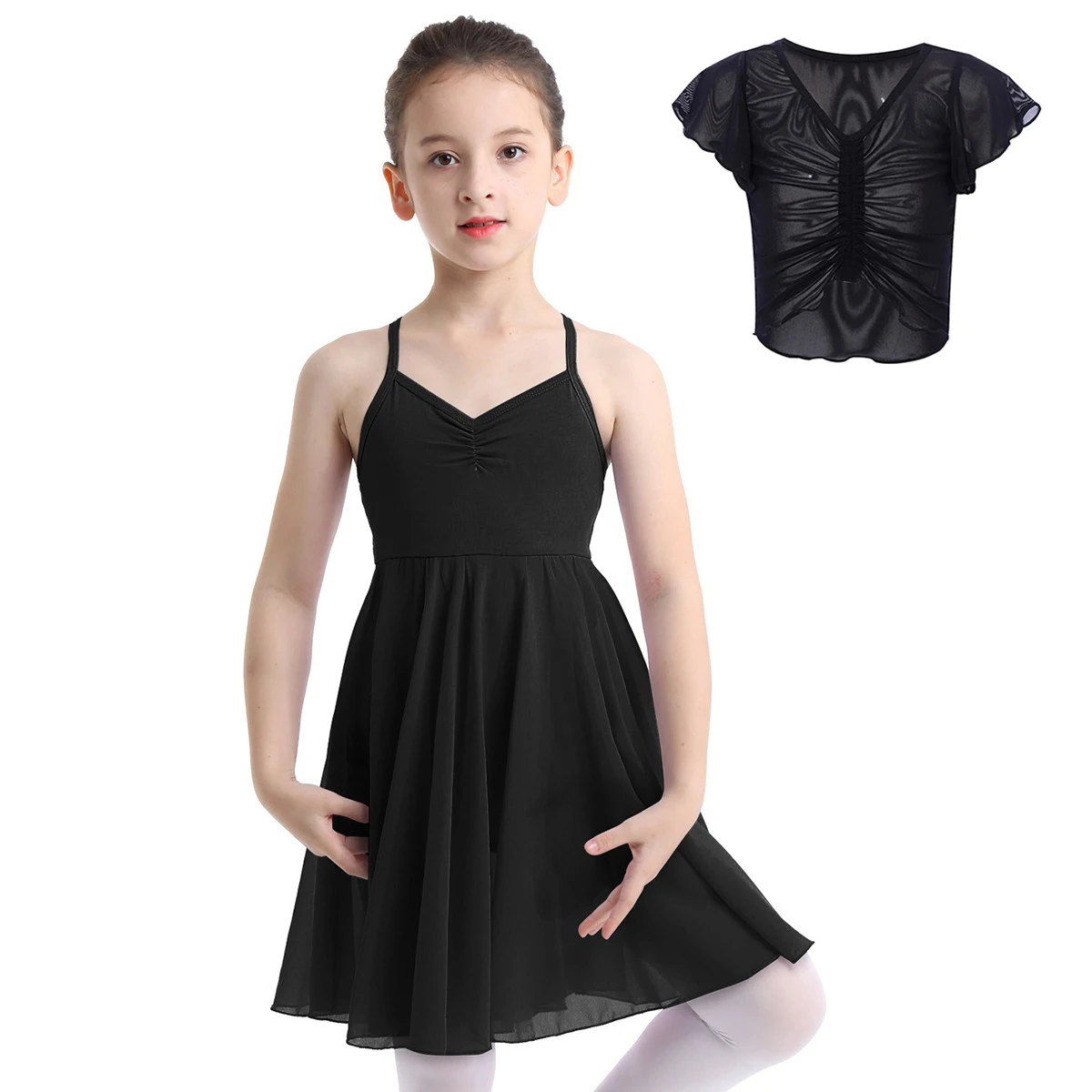

Kids Girls Ballet Dance Dress Spaghetti Strap Crisscross Back Chiffon Dress+Ruffled Sleeves Ruched Sheer Mesh Crop Top Shirt Set