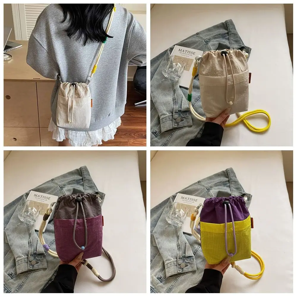 

Shoulder Strap Small Drawstring Bucket Bag Quick Drying Nylon Water Bottle Holder Handle Front Pocket Crossbody Water Bottle Bag