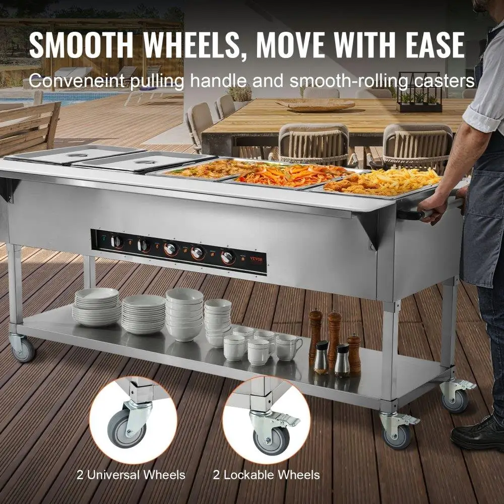 5 Pan Electric  Warmer 20.6QT Buffet Catering Steam Table 3750W Stainless Steel with 4 Wheels for Restaurant for party