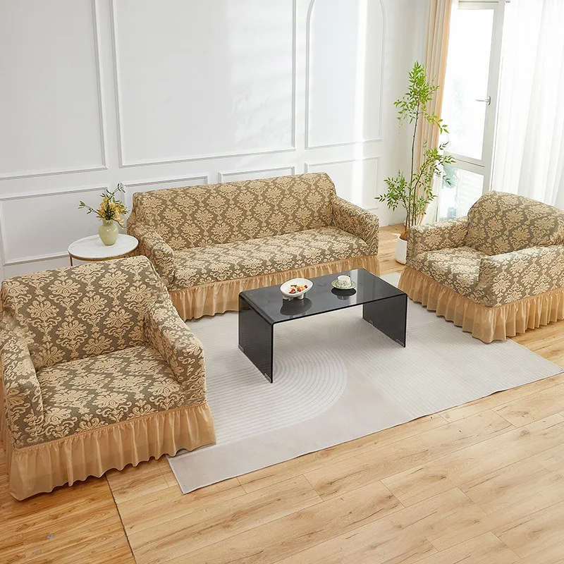 New Black Silk Embossed Jacquard Sofa Cover Skirt, Elastic Sofa Cover for Living Room Combination, Anti-slip Elastic Sofa Cover