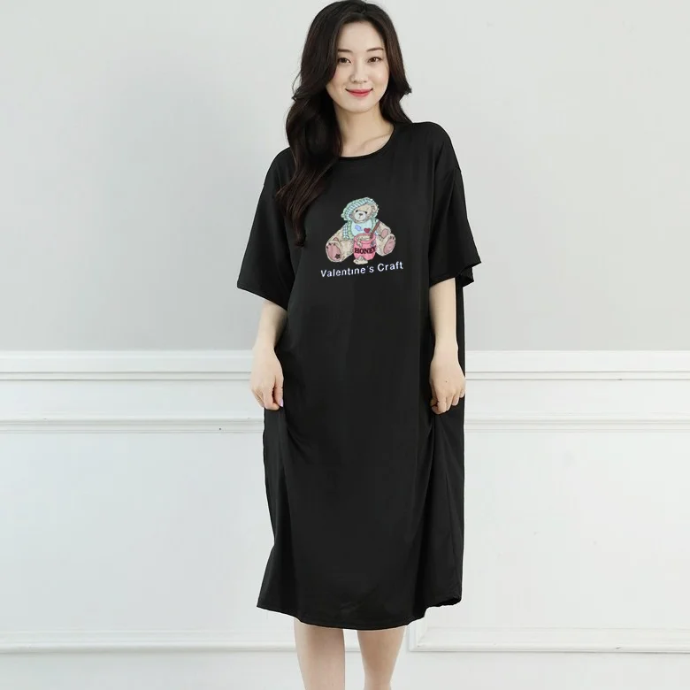 Short Sleeve Long Dresses  Pajama Cute Bear Korean Style Round Neck Comfortable Nightgown Ladies Casual Women'S Clothing