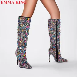 Kobiety Fall Rhinestone sztyft buty do kolan mieszane kolor cielisty spiczasty palec u nogi buty damskie luksusowy projektant buty na wysokich obcasach